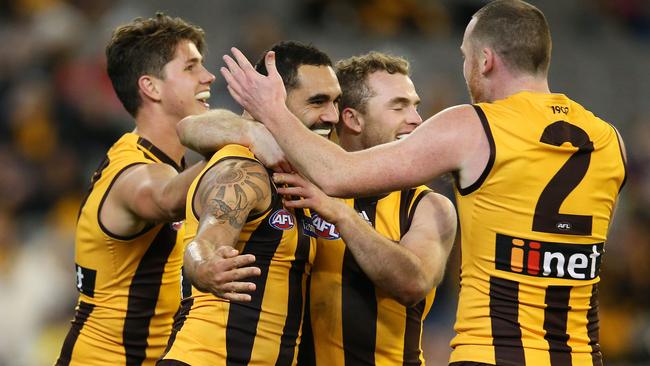 The Hawks celebrated Shaun Burgoyne’s milestone in style. Picture: Michael Klein