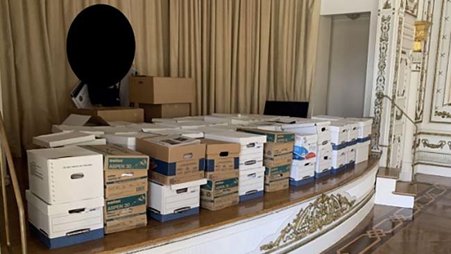 Stacks of boxes in the White and Gold Ballroom of former US President Donald Trump's Mar-a-Lago estate in Palm Beach, Florida. Former US president Donald Trump has been charged with alleged mishandling of classified documents. Picture: US Justice Department/AFP