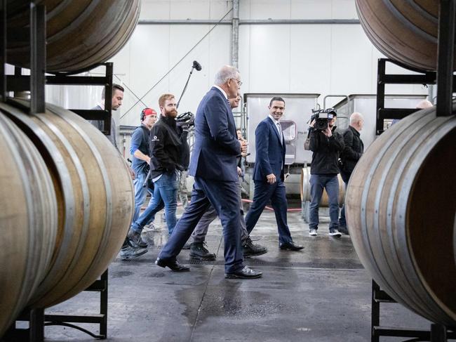 Prime Minister Scott Morrison joined Aaron Violi for a tour of Punt Road Winery in the Yarra Valley, as part of an announcement for support for wine businesses to boost export opportunities. Picture: Jason Edwards