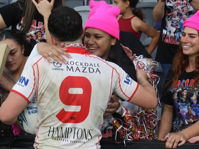 Isaiah Fagalilo celebrates with fans after the Dragons’ victory. Picture: Warren Gannon Photography