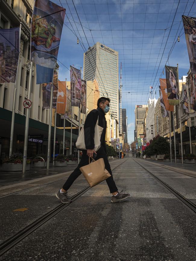 An empty Bourke St in Melbourne in July, 2020. Picture: AAP