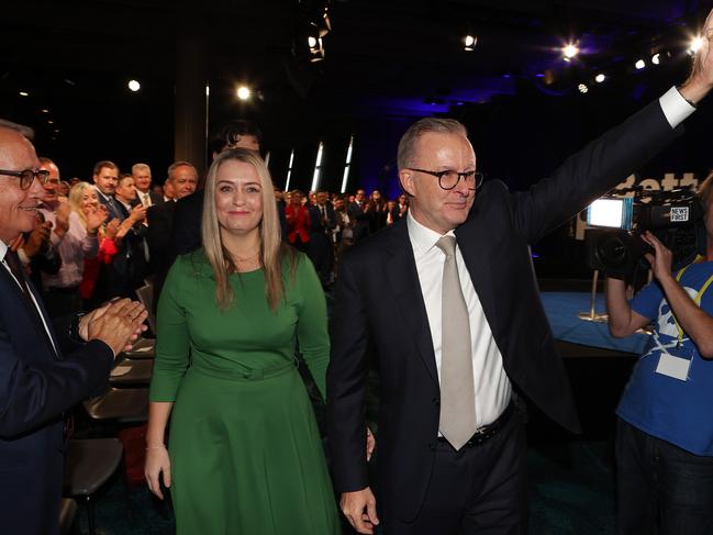 Anthony Albanese and partner Jodie Haydon at the Labor Party launch at Optus Stadium, Perth. Picture: Liam Kidston