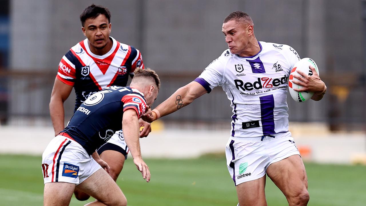 Will Warbrick (right) has been chosen to make his NRL debut amid a Melbourne injury crisis. Picture: Michael Klein