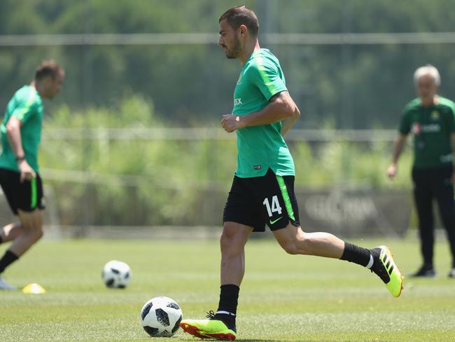 ANTALYA, TURKEY - MAY 28: James Troisi of Australia runs with the ball during the Australian Socceroos Training Session at the Gloria Football Club on May 28, 2018 in Antalya, Turkey.  (Photo by Robert Cianflone/Getty Images)