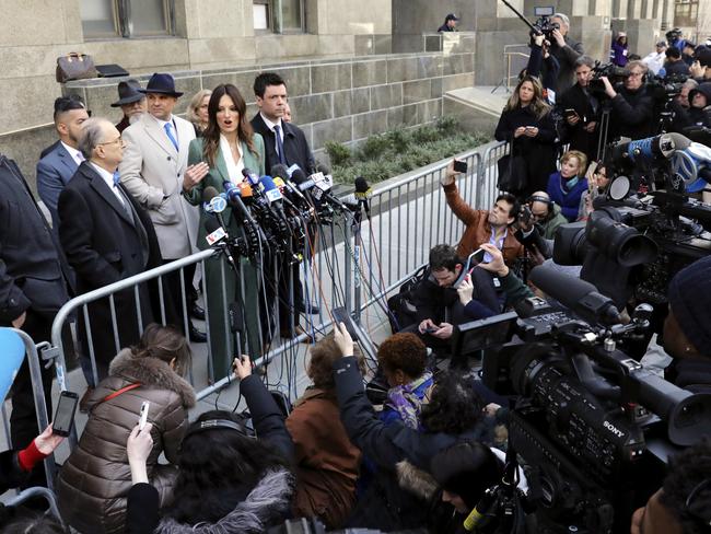 Harvey Weinstein’s lawyer Donna Rotunno talks to waiting media outside court. Picture: AP