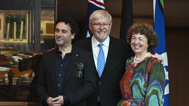 Artist Ralph Heimans with Kevin and Therese Rudd at the unveiling of the ex-prime minister’s official portrait. Picture: NCA NewsWire / Martin Ollman