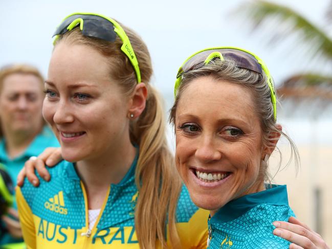 Australian Olympic Road Cyclists Gracie Elvin and Rachel Neylan during a press conference at Ipanema Beach before the start of the Rio 2016 Olympic Games, Brazil. Picture. Brett Costello