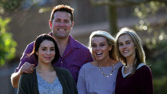 Jason Stevens with his wife Rebecca (second from right) and actors Kat Hoyos (left) and Isabel Lucas (right). Picture: Supplied