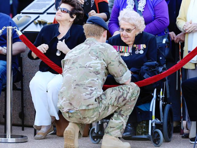 Captain Wales speaks with Mrs Daphne Dunn, widow of Albert Chowne, recipient of the Victoria Cross. Picture Craig Greenhill