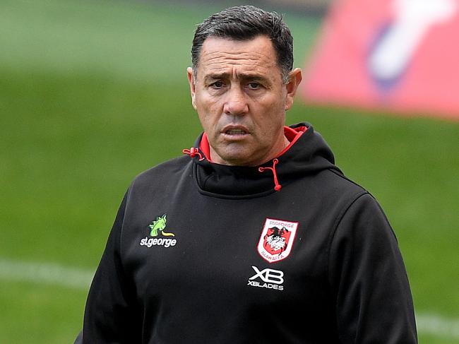 Dragons assistant coach Shane Flanagan looks on during the warm-up ahead of the Round 4 NRL match between the Canterbury-Bankstown Bulldogs and the St George Illawarra Dragons at Bankwest Stadium in Sydney, Monday, June 8, 2020. (AAP Image/Dan Himbrechts) NO ARCHIVING, EDITORIAL USE ONLY