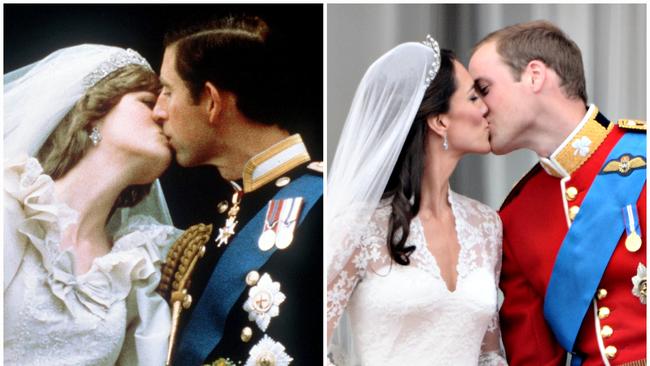 Prince Charles kissing Diana, Princess of Wales during their wedding in London on July 29, 1981 and (on right) Prince William kissing his wife Kate on the balcony of Buckingham Palace.