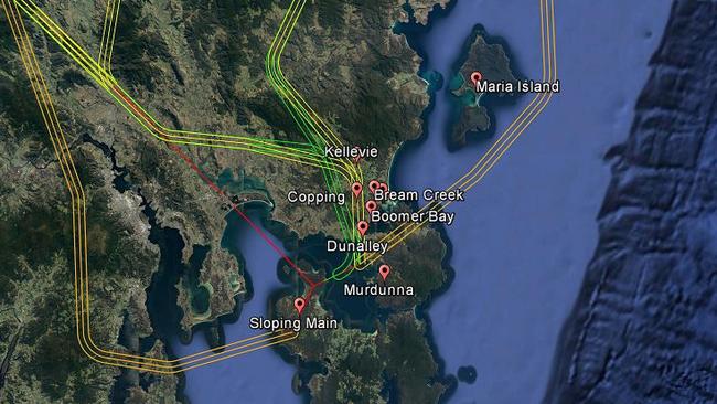 Map showing the flight path options for Hobart flights