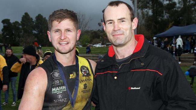 Olympic Dam and Nuriootpa star Brad Hoepner with Shannon Hurn after his best on ground performance for Nuriootpa in last year’s BLG grand final. Picture: Peter Argent