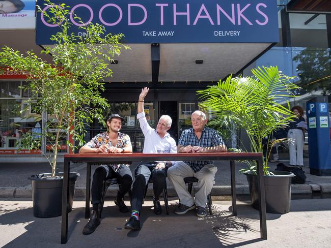 Good Thanks co-owner Alex James, Darwin Lord Mayor Kon Vatskalis and alderman Mick Palmer. Picture: KERI MEGELUS