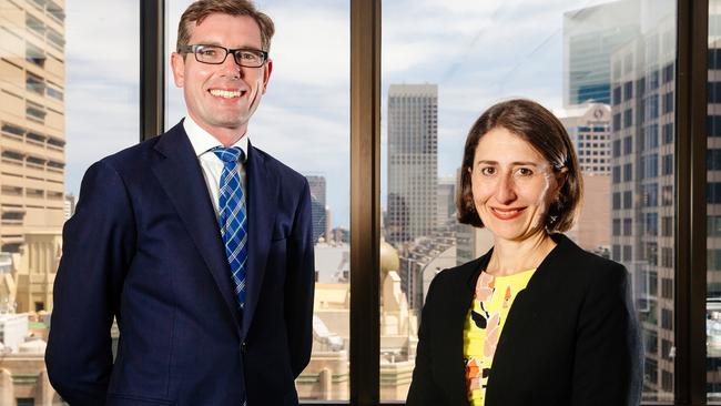 Gladys Berejiklian who will become the new NSW Premier and the new deputy of the Liberal party Dominic Perrottet pictured in her office in Martin Place. Picture: Jonathan Ng