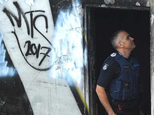 The Menace To Society gang’s initials are scrawled on the walls. Picture: Nicole Garmston