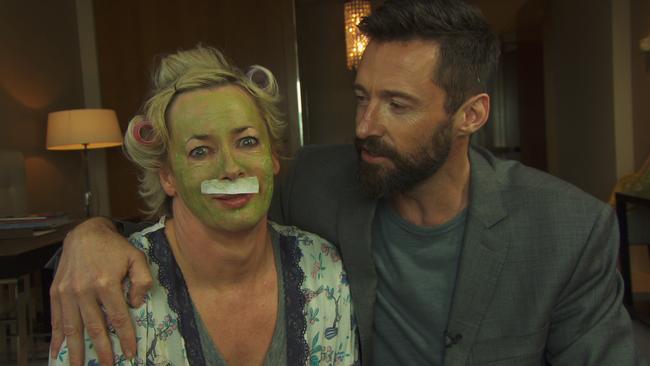 Close encounter... Amanda Keller meets Hugh Jackman with a face mask on. Picture: Supplied