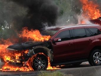 2015 Ford Everest catches fire while being road tested by CarsGuide journalist Peter Barnwell. Picture: Supplied