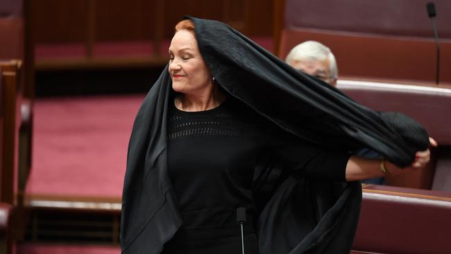 One Nation senator Pauline Hanson wears a burka in the Senate. Picture: Gary Ramage