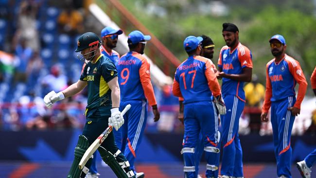 David Warner leaves the pitch for the final time after being dismissed by India in their Super Eight clash in the T20 World Cup.