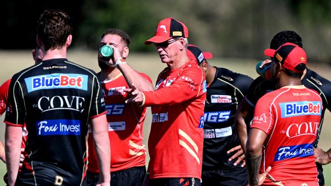 Wayne Bennett lays down the law during a Dolphins NRL training session. Picture: Getty Images