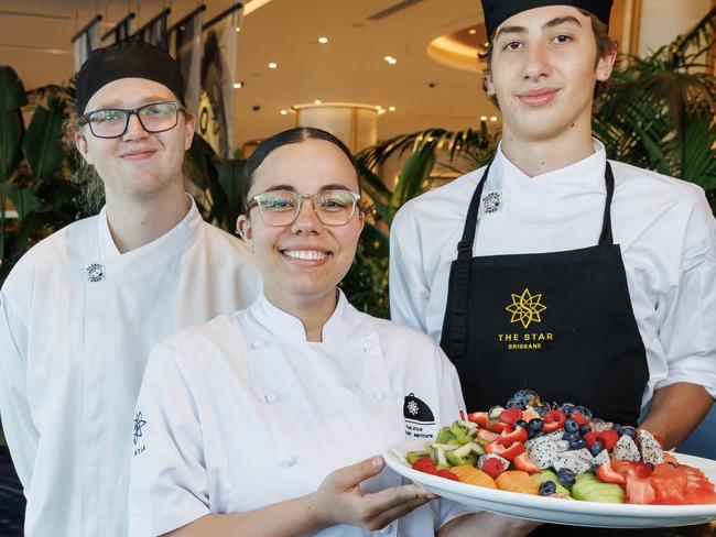 HOLD FOR FUTURE BRISBANE!Apprentice chefs Matthew Meadows, Marianna Love and Finbarr Vaux at The Star Brisbane. Picture Lachie Millard