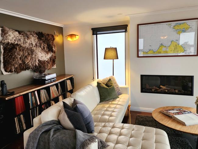 The Keep’s living area located on the top storey, features a cosy lounge and toasty gas fire. Picture: Supplied