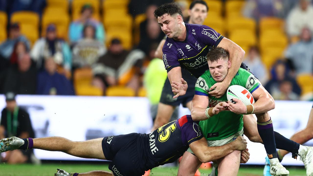 A last-gasp penalty for a high-shot cost the Storm victory against the Canberra Raiders. Picture: Chris Hyde/Getty Images