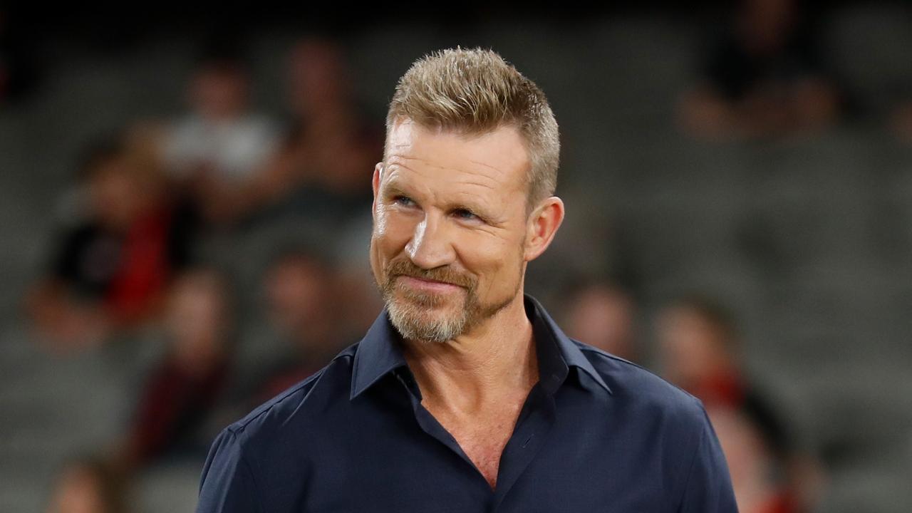 MELBOURNE, AUSTRALIA - MARCH 05: Nathan Buckley is seen commentating for FOX Footy during the 2022 AFL Community Series match between the Essendon Bombers and the St Kilda Saints at Marvel Stadium on March 5, 2022 In Melbourne, Australia. (Photo by Michael Willson/AFL Photos via Getty Images)