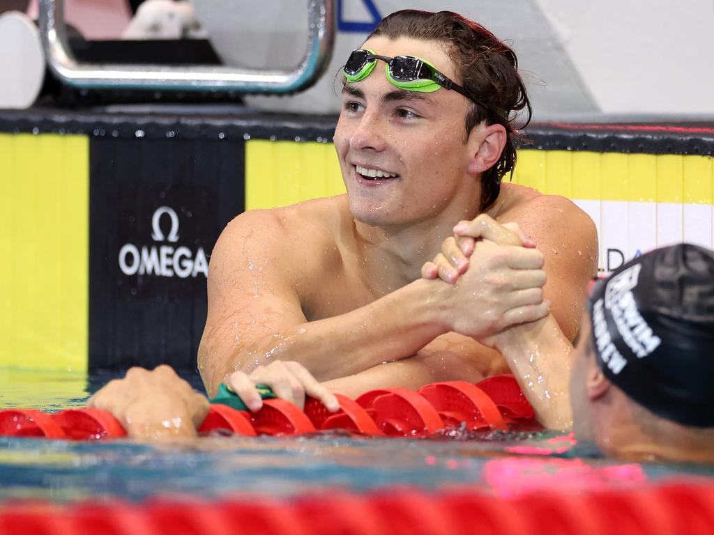 Ben Armbruster of Team Australia celebrates after finishing second in the Men's 100m Butterfly Final during the World Aquatics Swimming World Cup 2023 (Photo: Maja Hitij)