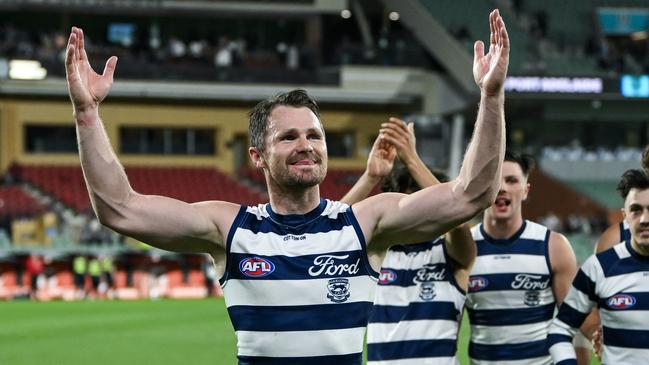 ADELAIDE, AUSTRALIA - SEPTEMBER 05:  Patrick Dangerfield of the Cats  leads his team off  after winning  the AFL Second Qualifying Final match between Port Adelaide Power and Geelong Cats at Adelaide Oval, on September 05, 2024, in Adelaide, Australia. (Photo by Mark Brake/Getty Images)