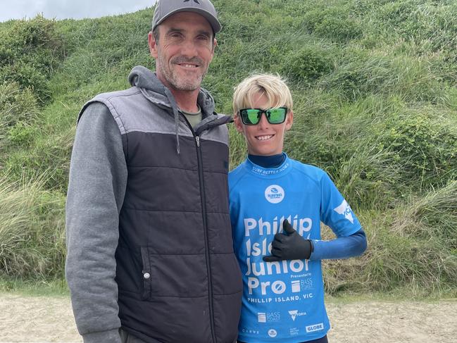 U14 surfer Carter Crowley and his dad.