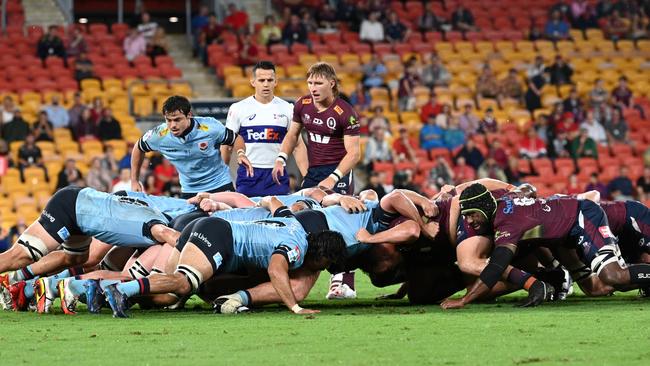 Wallabies stars have slammed a proposed scrum clock for Super Rugby, with massive concerns for player safety. Picture: Getty Images.