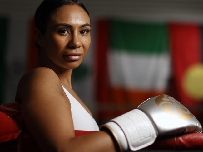 WEEKEND TELEGRAPHS SPECIAL MAY 20, 2022. PLEASE CONTACT WEEKEND PIC EDITOR BEFORE PUBLISHING. Shanell Dargan went viral with her Australian X Factor audition. But the talented singer has swapped the microphone for gloves and wants to be the first Indigenous Australian female boxing world champion. Pictured in the ring at the PCYC in Minto. Picture: Jonathan Ng