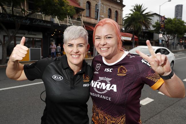 Khylie Paterson and Leisha Holm pictured at the Broncos v Rabbitohs, round 1, on Caxton Street, Brisbane 11th of March 2022. This is the first game for the BroncosÃ• season.