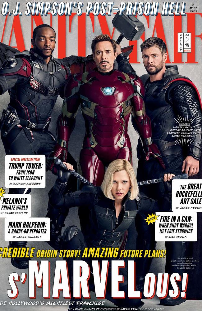 All four of Vanity Fair's Marvel covers ... Anthony Mackie Falcon, Scarlett Johansson Black Widow, Robert Downey Jr. Iron Man, Chris Hemsworth Thor. Source: https://www.vanityfair.com/hollywood/2017/11/all-four-vanity-fair-marvel-covers