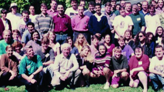 Bill Shorten (rear, horizontal striped shirt) and Sally McManus (purple shirt, behind front row third from right), at the Organising Works program, 1994. Picture: supplied by Sally McManus