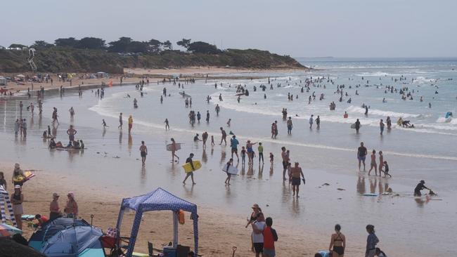 Crowds at Torquay beach on Sunday. Picture: Shaun Viljoen