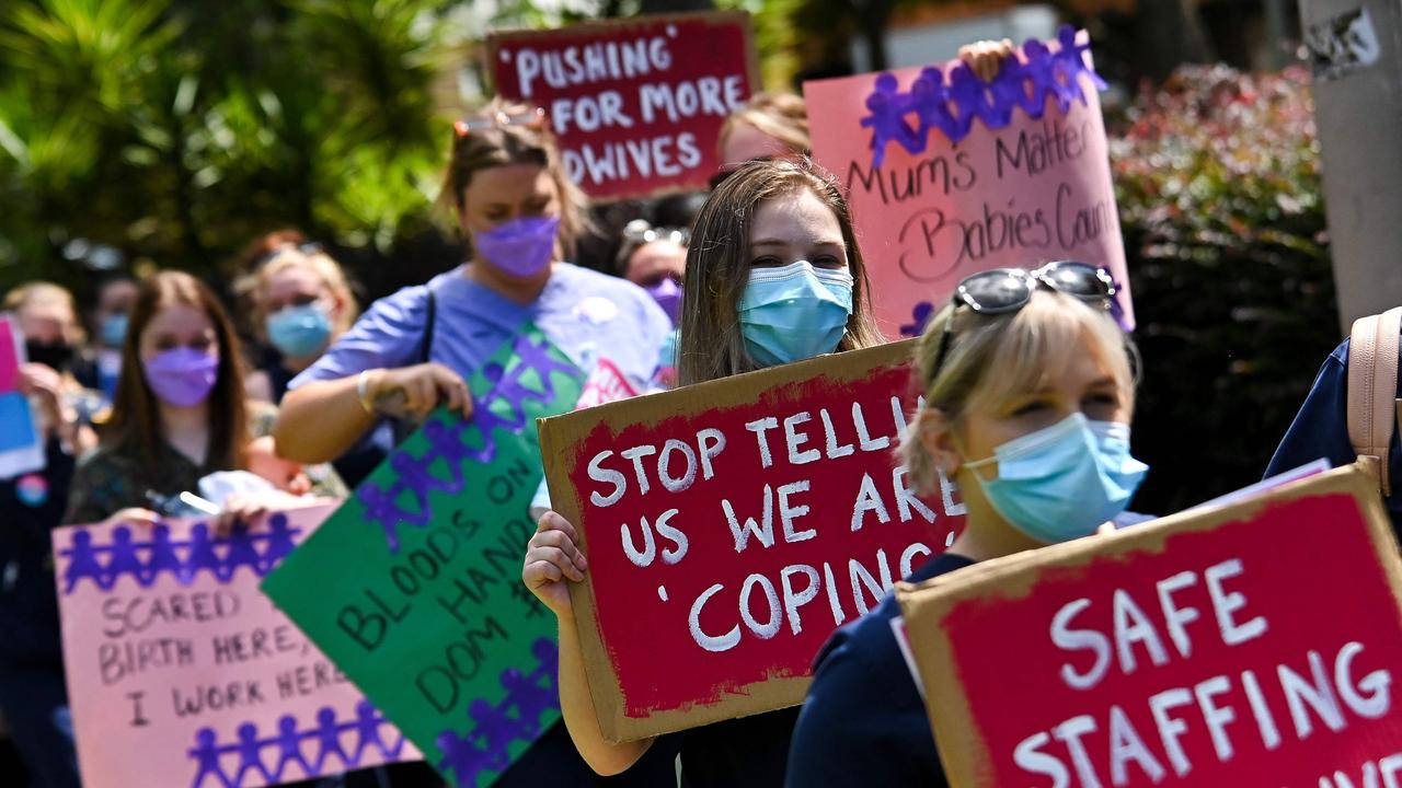 NSW public hospital nurses participate in a strike over staff shortages and pandemic-related stresses and strains in Sydney. Picture: Steven Saphore/AFP