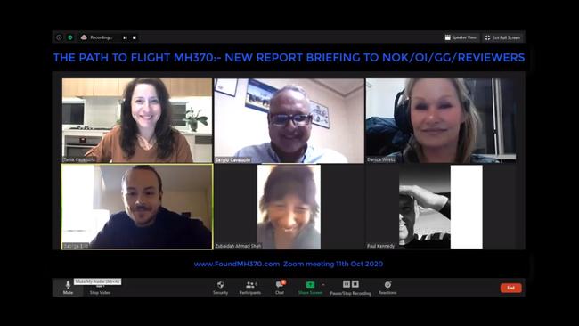 Stills from a zoom meeting where Sergio Cavaiuolo's theory that MH370 crashed in the north west Indian Ocean, was revealed to families of the victims. Picture: Zoom