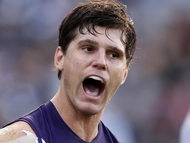 GEELONG, AUSTRALIA - JULY 29: Lachie Schultz of the Dockers celebrates a goal during the round 20 AFL match between Geelong Cats and Fremantle Dockers at GMHBA Stadium, on July 29, 2023, in Geelong, Australia. (Photo by Martin Keep/Getty Images)