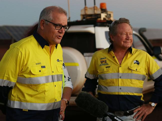 The Prime Minister of Australia Scott Morrison has spent the second day of his visit to Western Australia at the Christmas Creek mine site in The PIlbara. PIctured is the Prime MInister with FMG CEO Andrew Forrest at the site in the states North West on April 15, 2021. Picture - Justin Benson-Cooper / The West Australian