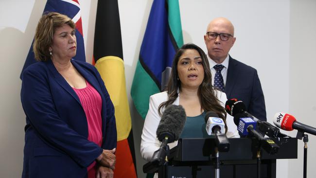 ADELAIDE, AUSTRALIA - NewsWire Photos - APRIL 18, 2023: The Leader of the Opposition Peter Dutton, South Australian Senator Kerrynne Liddle and Senator Jacinta Price at a press conference in Adelaide. Picture: NCA/NewsWire Emma Brasier