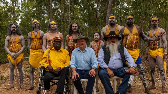 Prime Minister of Australia Anthony Albanese, Senator Patrick Dodson and Galarrwuy Yunupingu during the Garma Festival 2022. Picture: Tamati Smith/Getty Images