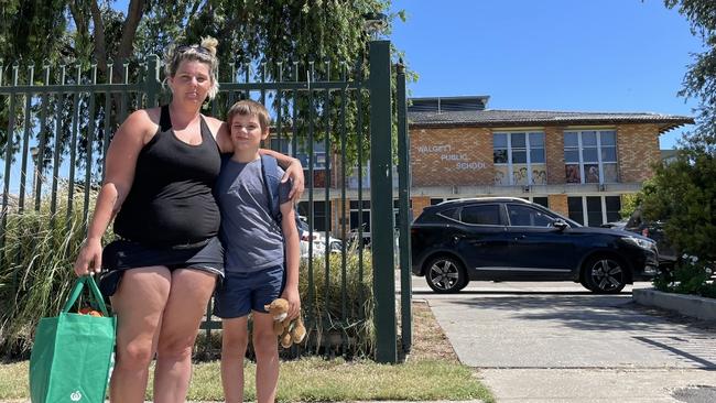 Katrina and Jaydan Marshall outside Walgett Community College Primary School.