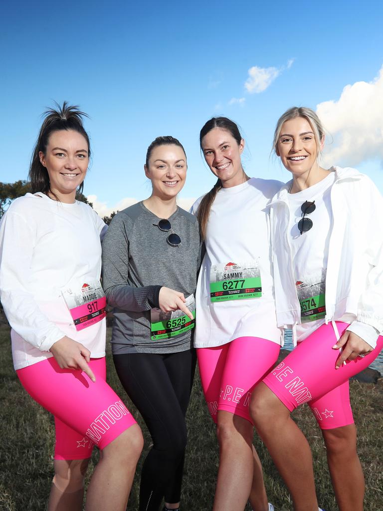 (L-R) Maddie Howe, Anita Coombe, Sammy Tennick and Ella Mackay at the start of the 2019 Point to Pinnacle walk. Picture: LUKE BOWDEN