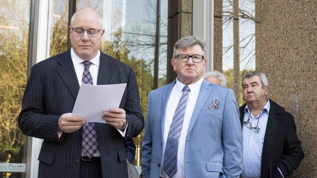 Steve Barrett pictured outside speaking to media with his lawyer at Supreme Court Sydney. Picture: Monique Harmer