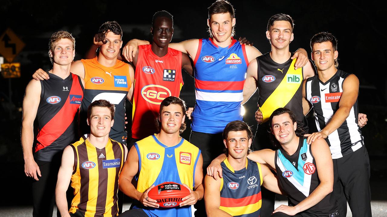 The Victorians drafted in the first round: Ben Hobbs of the Bombers, Finn Callaghan of the Giants, Mac Andrew of the Suns, Sam Darcy of the Bulldogs, Josh Gibcus of the Tigers, Nick Daicos of the Magpies, Josh Ward of the Hawks, Campbell Chesser of the Eagles, Josh Rachele of the Crows and Josh Sinn of the Power. Picture: Mark Stewart