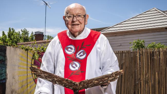 Father Bob Maguire - photographed at his charity offices in Albert Park. Picture: Jake Nowakowski