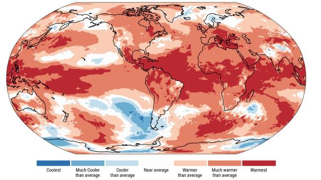 This map from the Copernicus Climate Service shows warming has been especially strong in the world's oceans over the past 12 months. Picture: Supplied